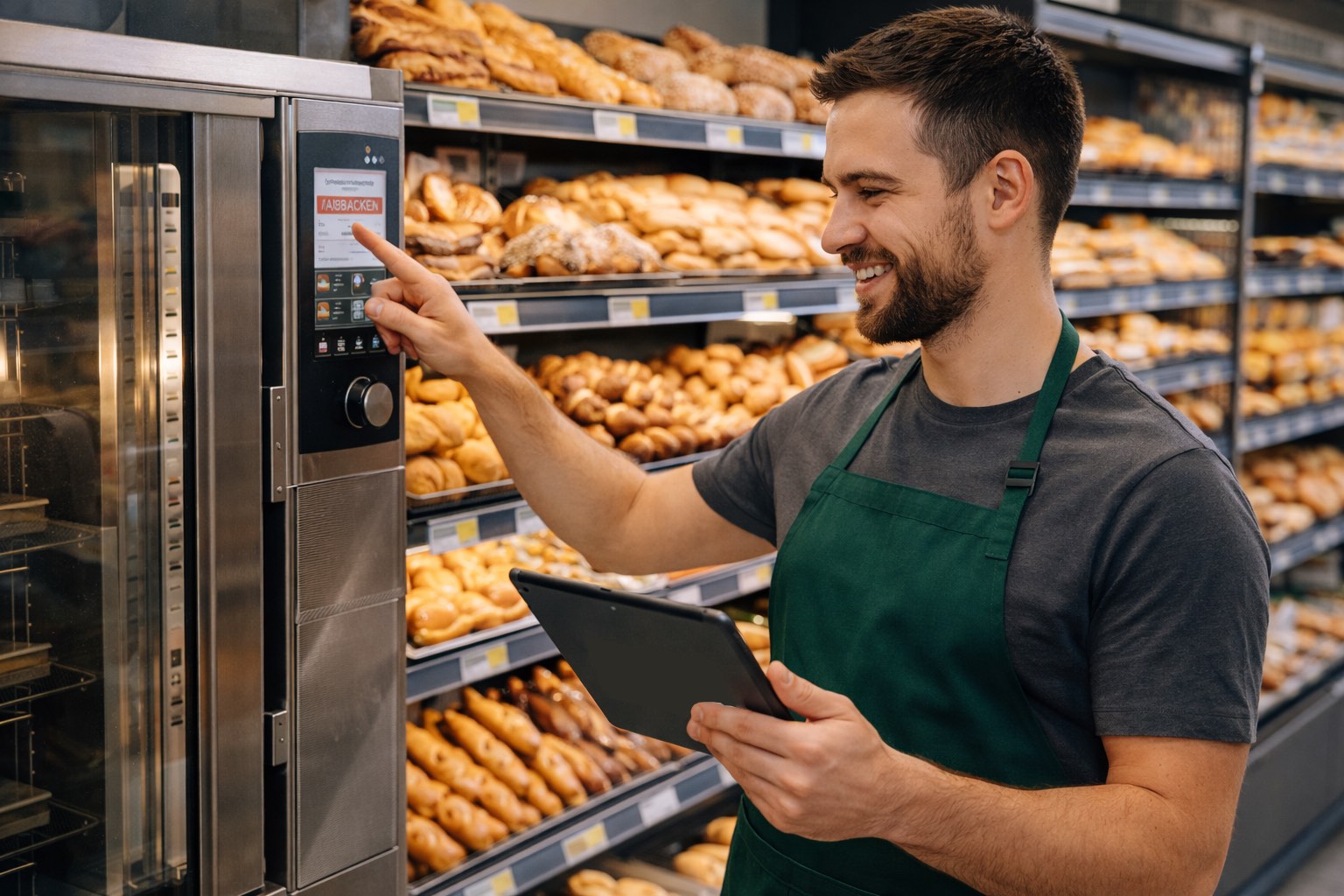 Marktleitung und Backshop-Team mit Tablet